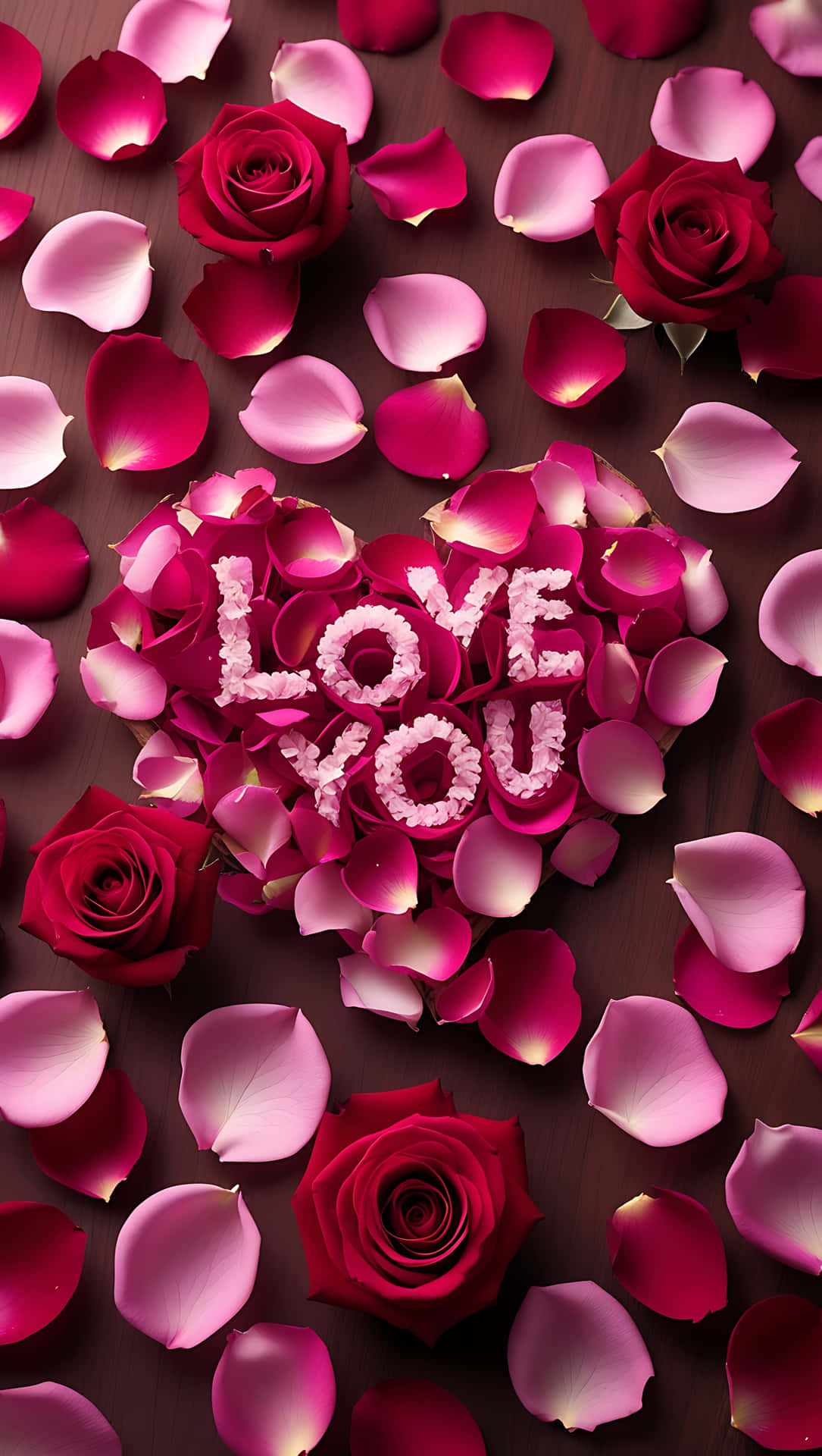 Love You” in Rose Petals – Romantic Message. smartphone wallpaper 壁紙 — 一個由粉紅色和紅色玫瑰花瓣組成的心形，上面用白色花瓣拼出love you的字樣，放在深色木質表面上。