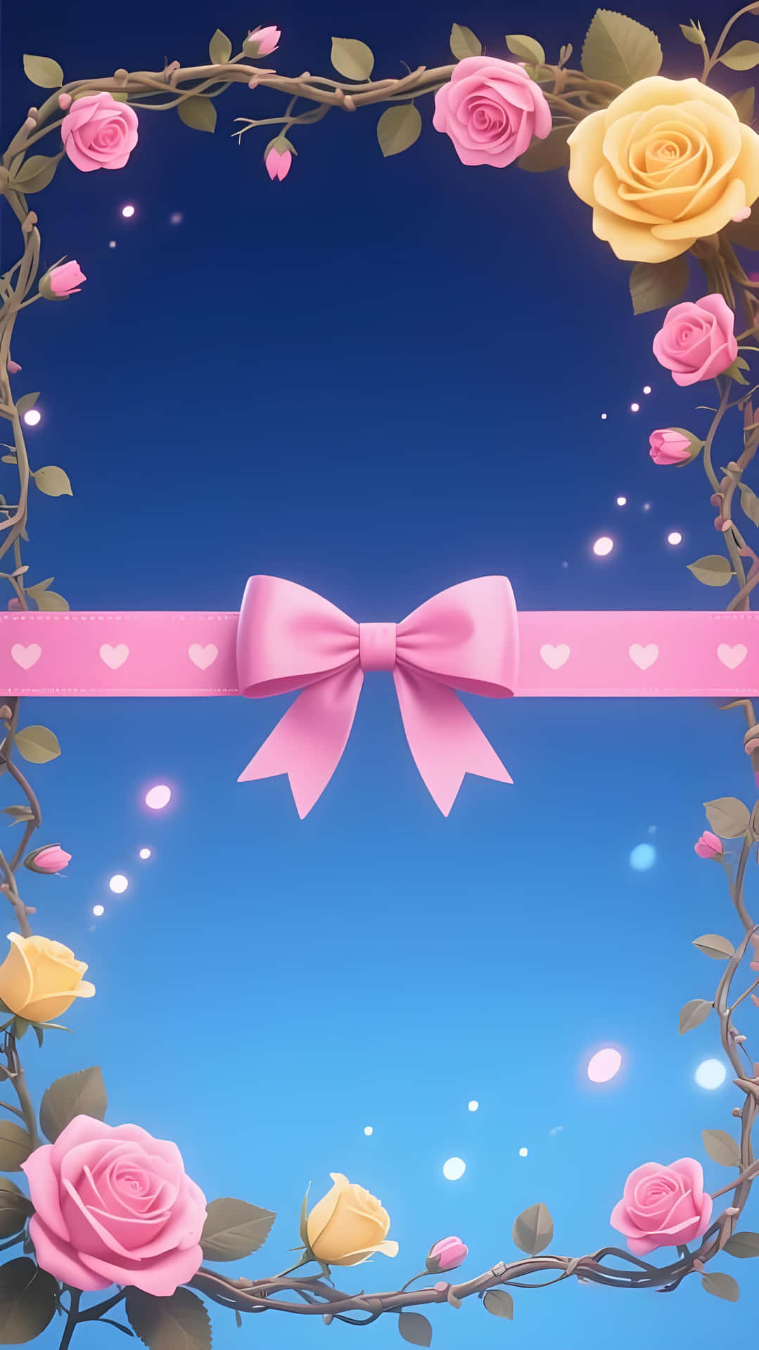 Romantic Rose Frame with Pink Bow Wallpaper 壁紙 — 一個由粉紅色和黃色玫瑰及綠葉組成的花環，框住一個漸層藍色天空，點綴著發光的燈光和中央的粉紅色蝴蝶結。