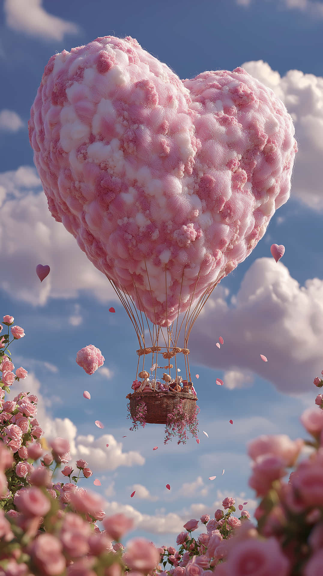 A pink heart-shaped balloon in the shape of cotton 壁紙 — 一個由粉紅色棉花糖製成的心形熱氣球漂浮在盛開的玫瑰花田上空，藍天白雲。