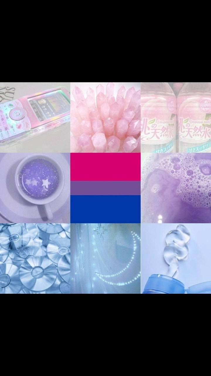 Bisexual Aesthetic 桌布 壁紙 — 一個由粉紅色電話、水晶、瓶子、星星飲料和LED燈等柔和色調和霓虹色物品組成的拼貼畫，營造出夢幻般的美感。