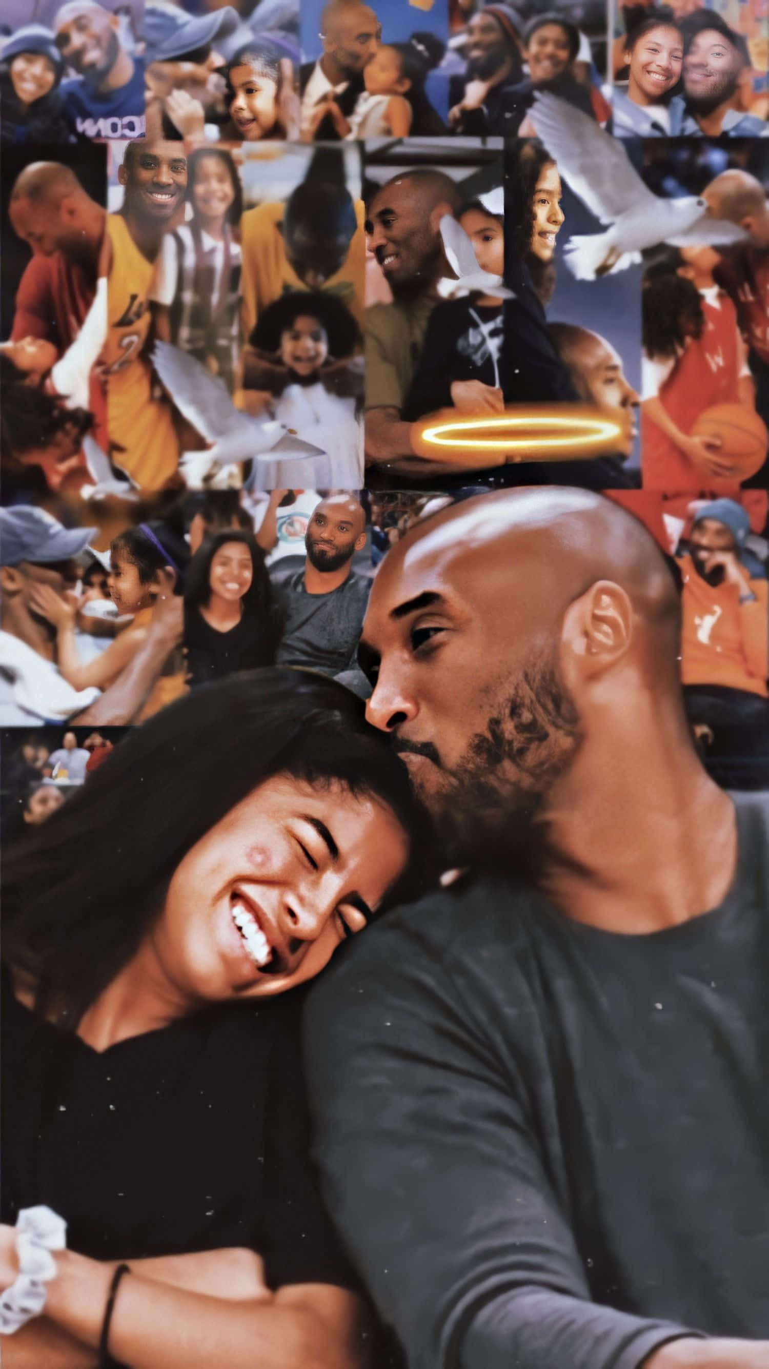 Kobe And Gigi 桌布 壁紙 — 一個由粉絲和白鴿圍繞的柯比·布萊恩和吉安娜·布萊恩的致敬蒙太奇中真摯的拼貼畫。