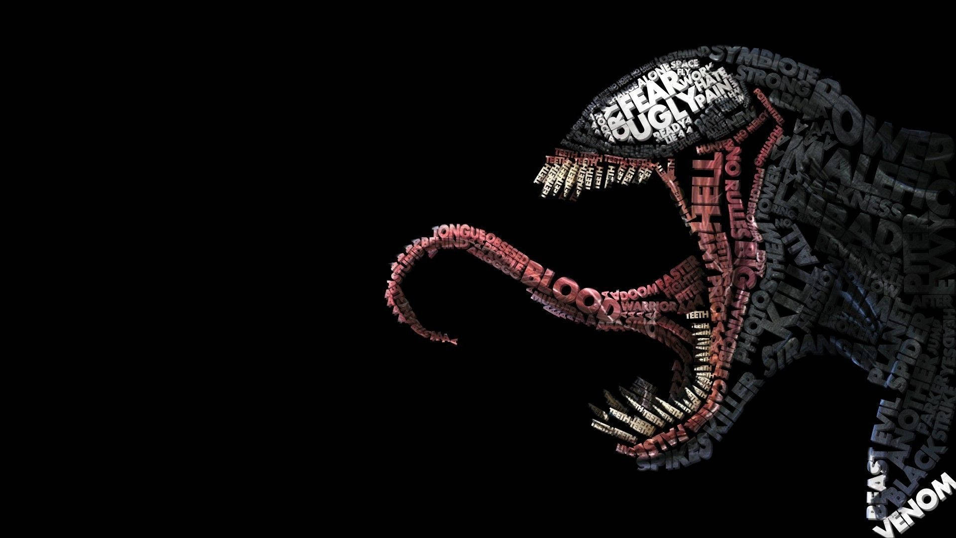 Venom Carnage 桌布 壁紙 — 一個由粗體文字如「恐懼」和「血」組成的威脅性猛毒生物，背景為純黑色。