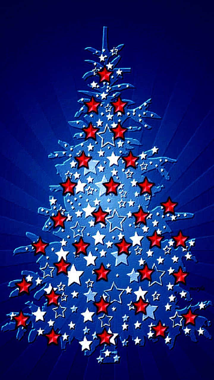 Christmas Cell Phone 桌布 壁紙 — 一個由紅色、白色和藍色星星組成的風格化聖誕樹，背景是耀眼的藍色。