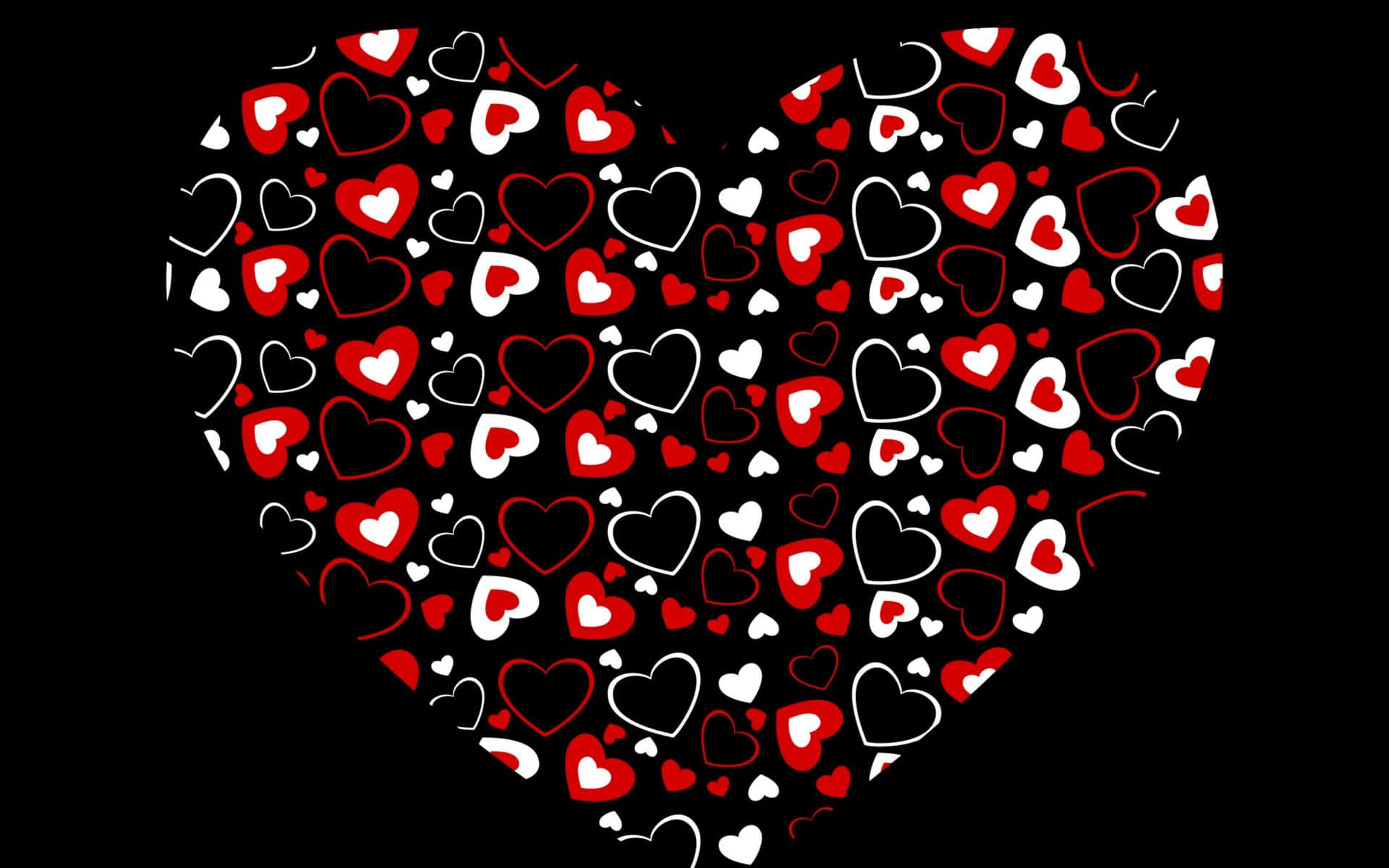 Black And White Heart 桌布 壁紙 — 一個由紅色、白色和輪廓心形重疊而成的大心形圖案，背景為黑色。
