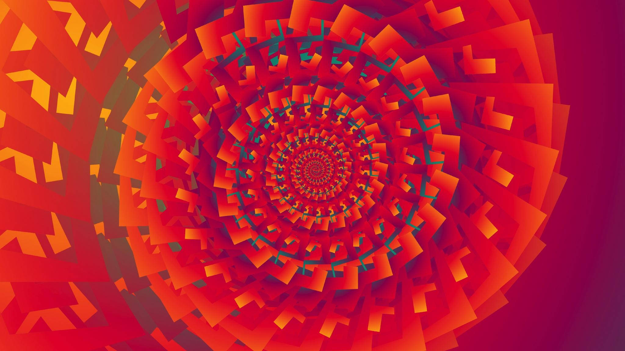 Spiral 桌布 壁紙 — 一個由紅色和橙色幾何形狀層疊而成、向催眠中心退去的迷人數位螺旋。