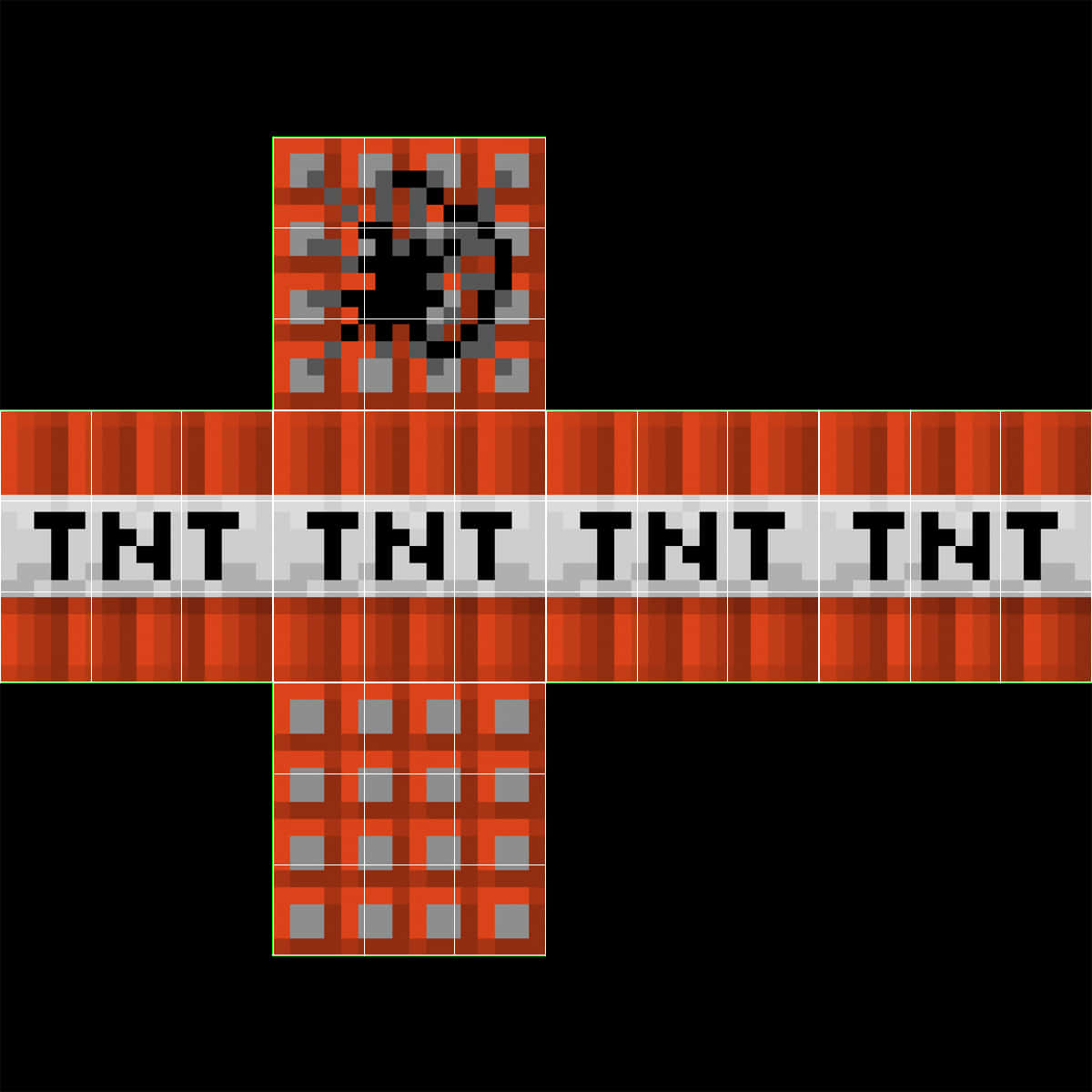 我的世界 TNT 桌布 壁紙 — 一個由紅色和灰色TNT方塊組成的像素十字架，頂部中央有一個爆炸的方塊，背景為黑色。