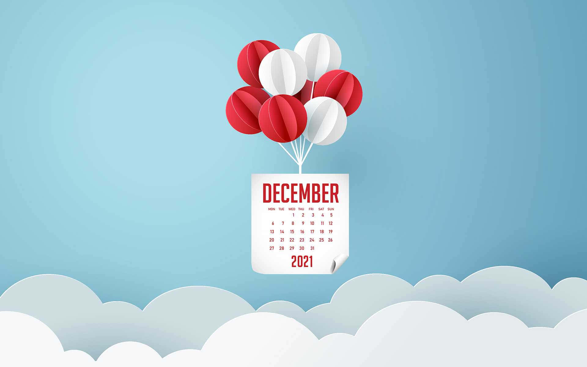 十二月 桌布 壁紙 — 一個由紅色和白色氣球升起的2021年12月日曆，漂浮在柔軟的雲朵之上，襯著柔和的藍天。