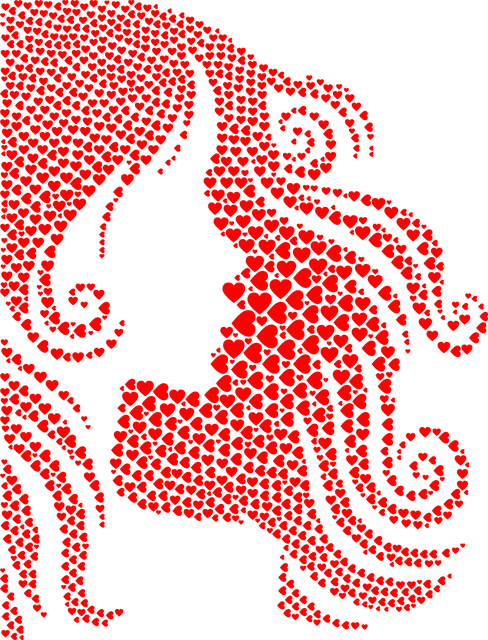 International Womens Day 桌布 壁紙 — 一個由紅色心形完全組成的女性側面剪影，在黑色背景上顯得格外醒目。