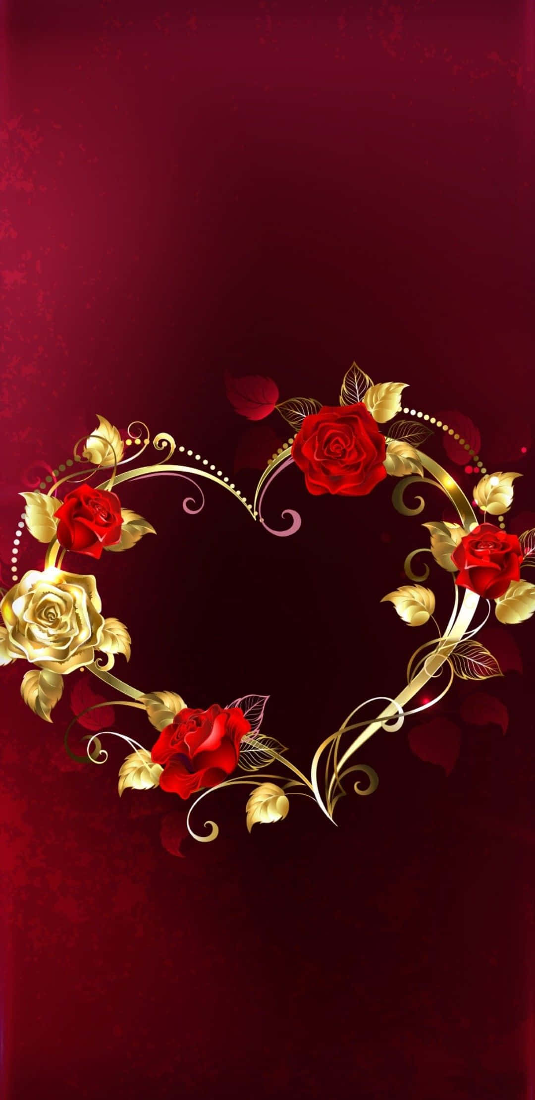 Rose Heart 桌布 壁紙 — 一個由紅金玫瑰組成的心形花環，帶有旋轉藤蔓，背景為深紅色紋理。