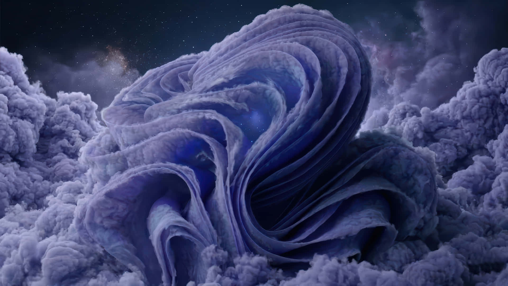 Clouds Bloom modded wallpaper for desktop Enhancement, 壁紙 — 一個由紋理紫色雲組成的旋轉漩渦主導了星空，遠處有發光的星雲。