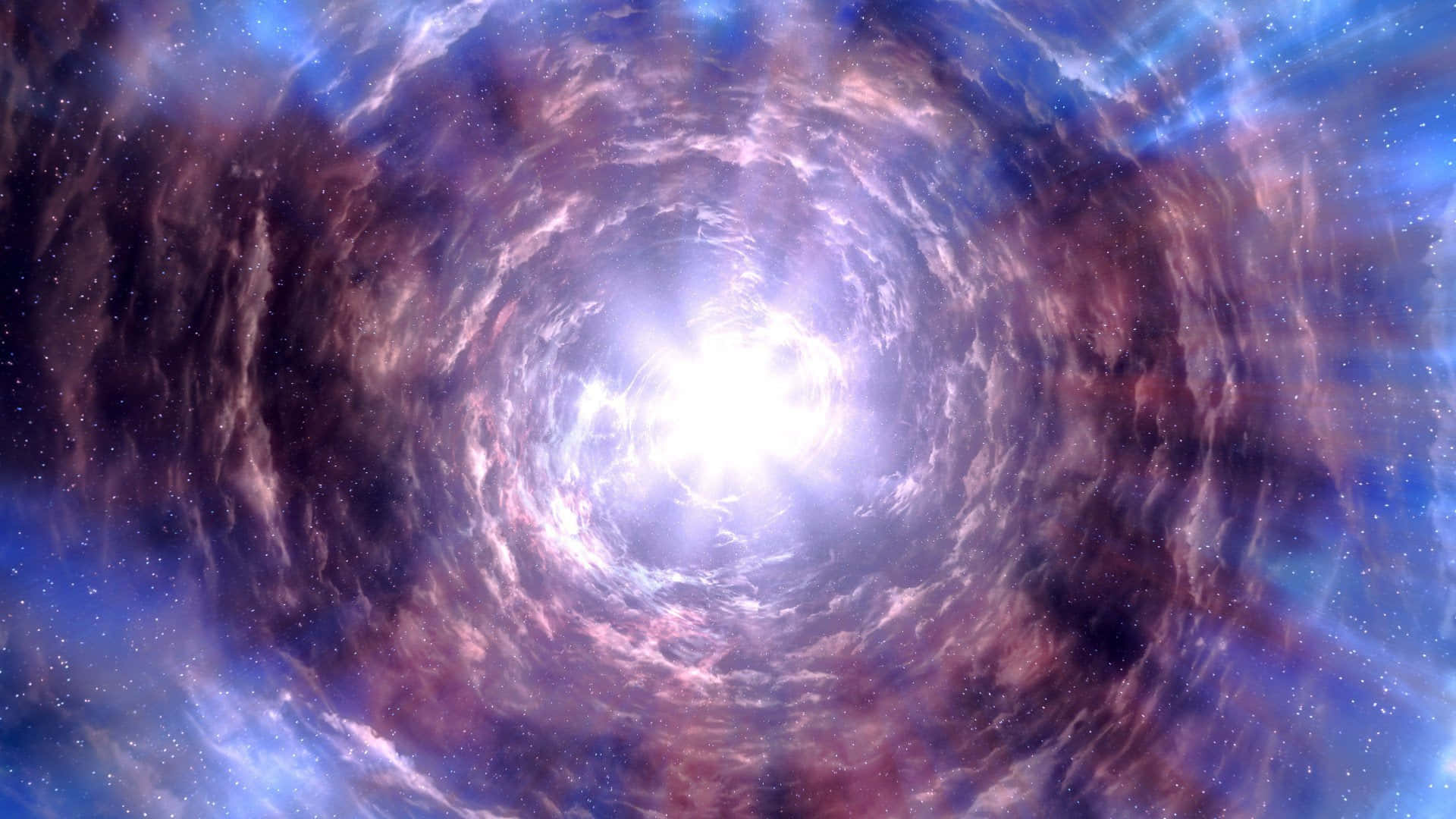 Sovngarde 桌布 壁紙 — 一個由紫色和藍色星雲組成的旋轉宇宙隧道，通往深空中的耀眼白光。