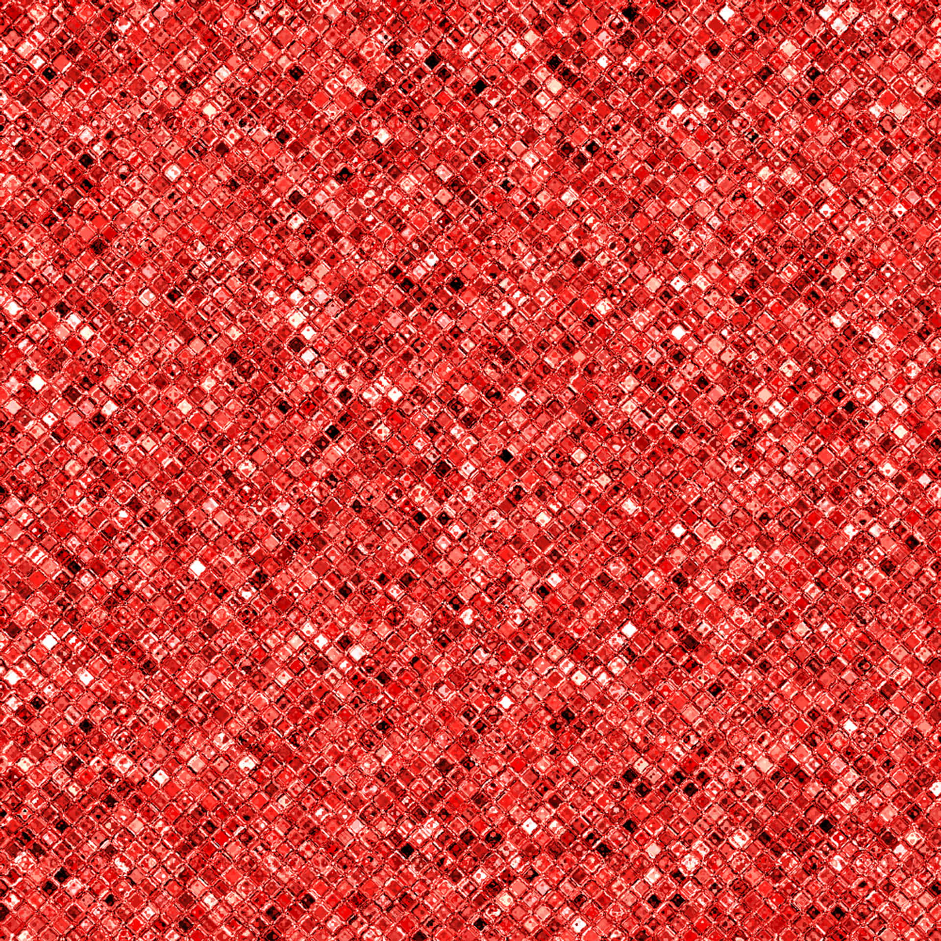 Glittery red background with a shimmering texture. Aesthetic glitter background with blank space 壁紙 — 一個由細小反光方形瓷磚組成的鮮豔紅色馬賽克圖案，帶有散落的黑色點綴。