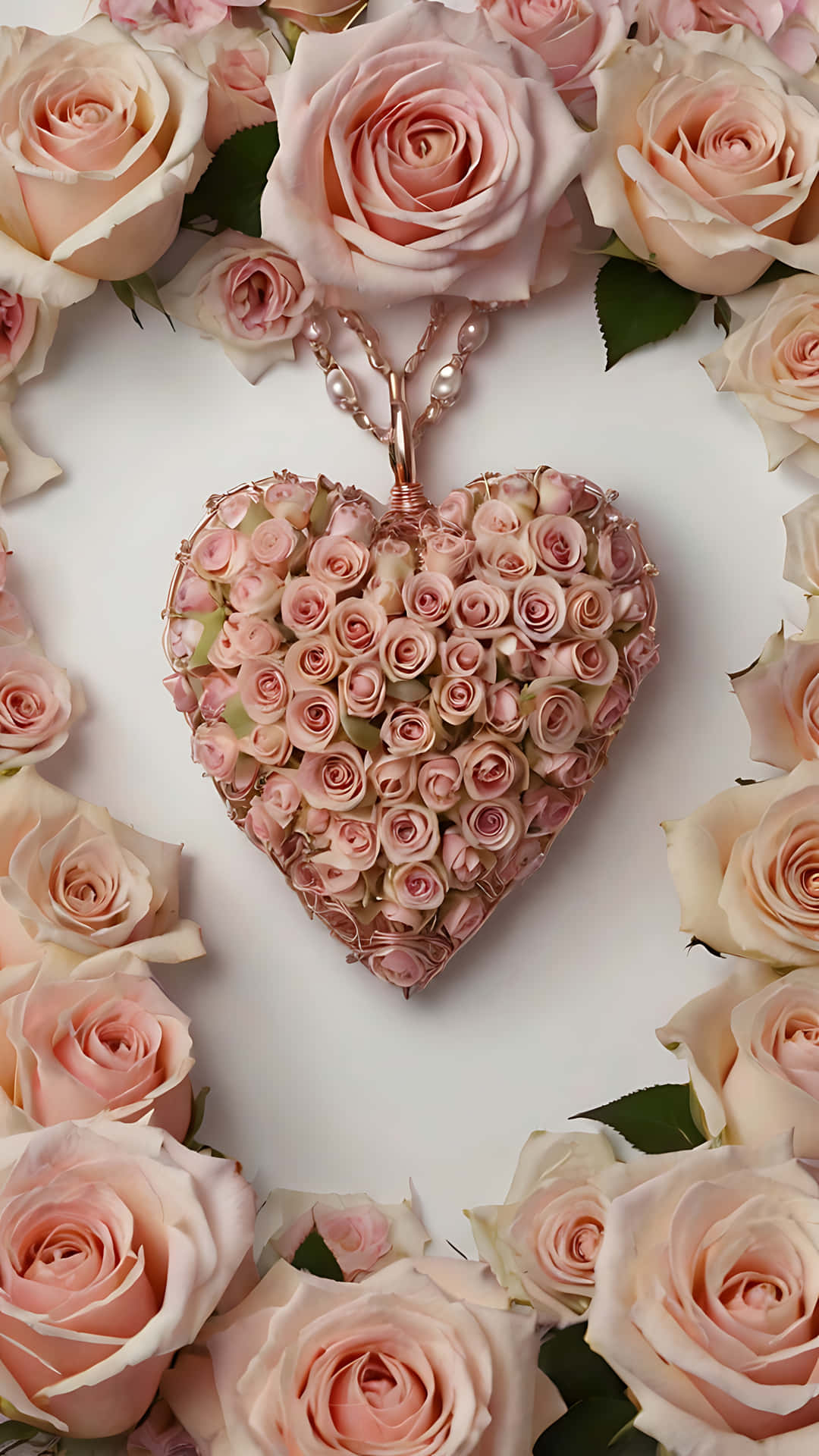 Love in Bloom: Heart and Roses wallpaper 壁紙 — 一個由細小粉紅玫瑰製成的心形吊墜，懸掛在較大粉紅玫瑰邊框中間，背景為白色。