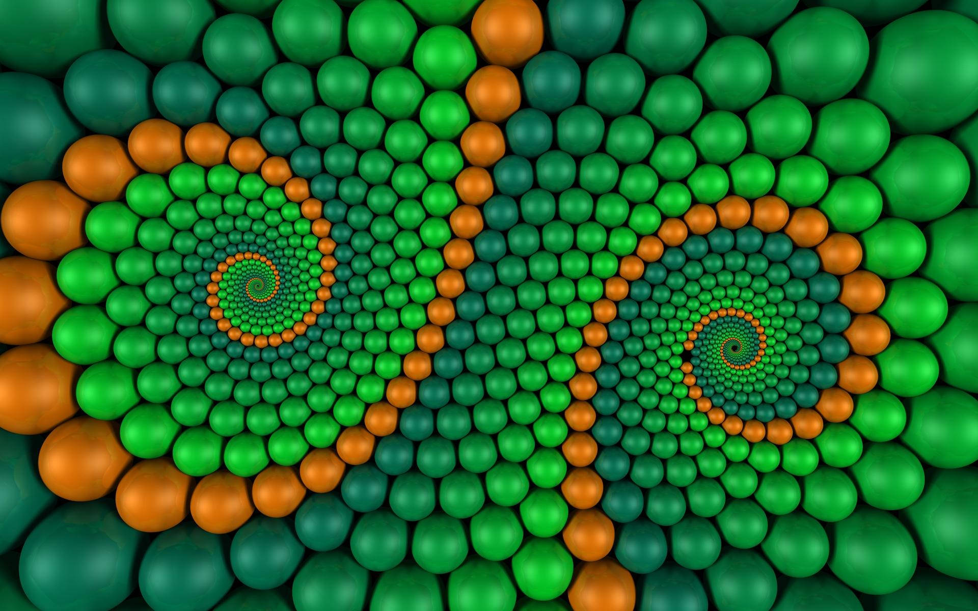 Spiral 桌布 壁紙 — 一個由綠色和橙色球體組成的迷人圖案，在催眠般的3D渲染抽象設計中形成兩個螺旋漩渦。