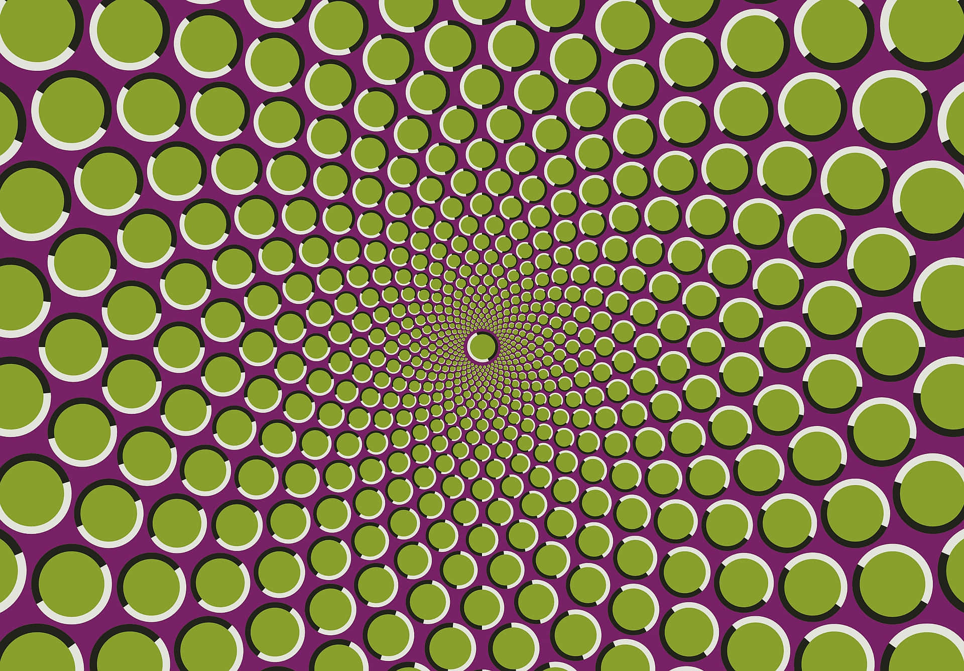 Circle 桌布 壁紙 — 一個由綠色圓圈組成的催眠螺旋，帶有白色和黑色輪廓，在深紫色背景上退向消失點。