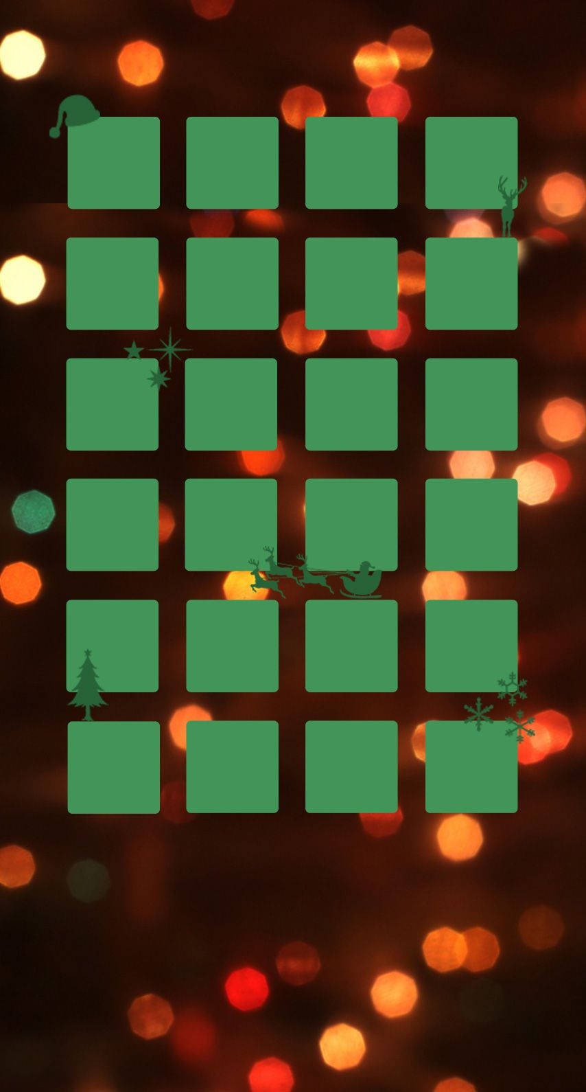 Christmas Lights iPhone 桌布 壁紙 — 一個由綠色方塊組成的網格，帶有微妙的聖誕圖示，背景是溫暖的散景效果。