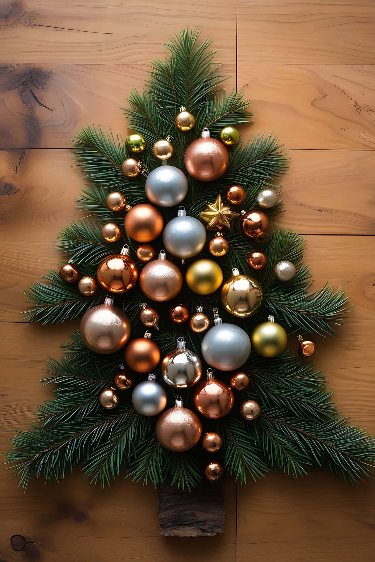 Decorated christmas tree on wooden floor 壁紙 — 一個由綠色松樹枝製成的節日聖誕樹，飾有閃亮的銅、銀和金飾品，放在溫暖的木地板上。