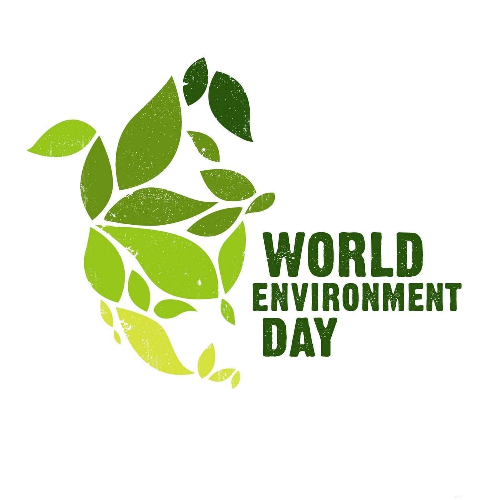 World 桌布 壁紙 — 一個由綠色葉子組成的風格化地球儀，上面有粗體綠色字體的「WORLD ENVIRONMENT DAY」文字。