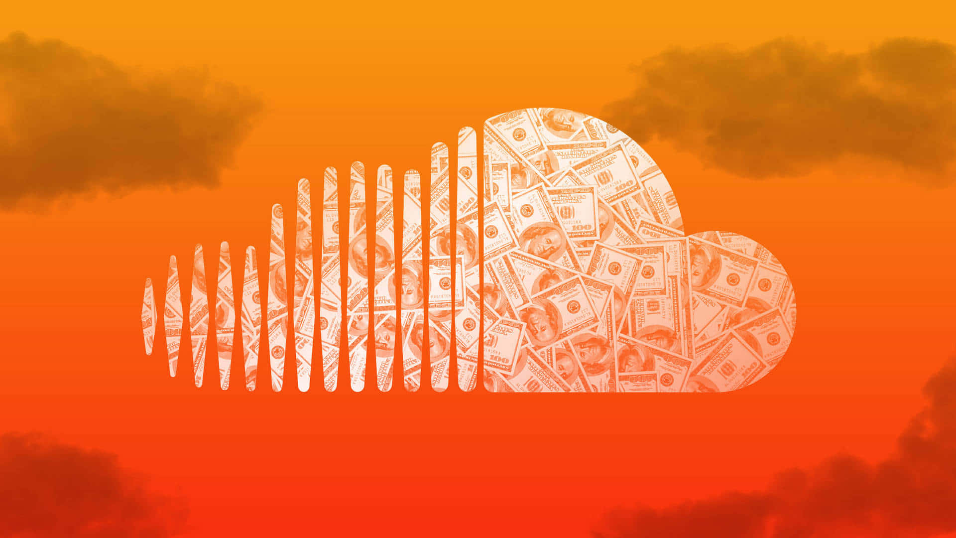 soundcloud 桌布 壁紙 — 一個由美元鈔票組成的風格化雲朵，在帶有暗雲的熾熱橙色日落天空背景下形成聲波。