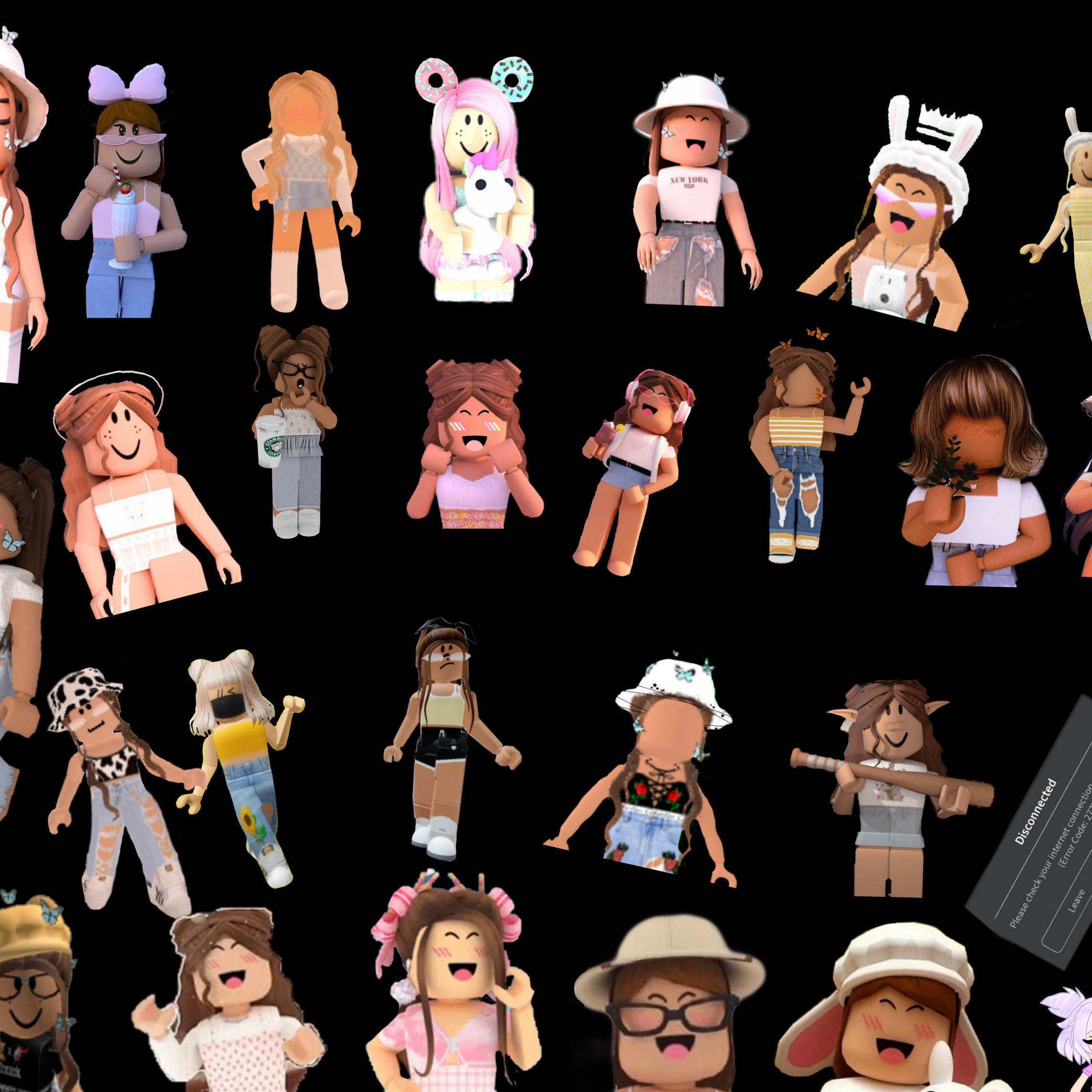 美學 Roblox 女孩 桌布 壁紙 — 一個由色彩繽紛的Roblox頭像組成的網格，穿著不同的服裝和表情，背景為黑色。