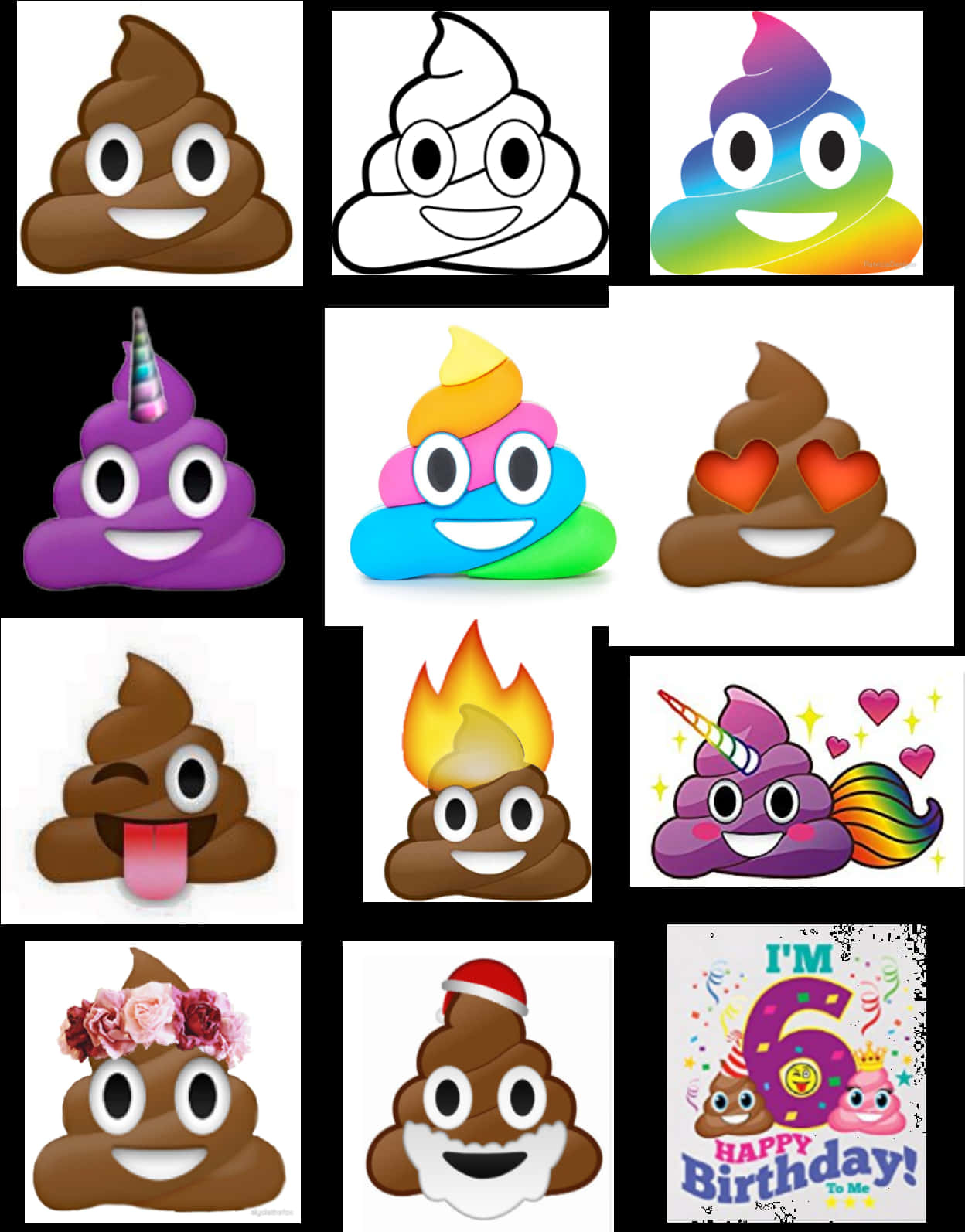 Clip Art 桌布 壁紙 — 一個由色彩繽紛的便便表情符號圖標組成的網格，帶有俏皮的表情和節日裝飾，如獨角獸、愛心和生日帽。