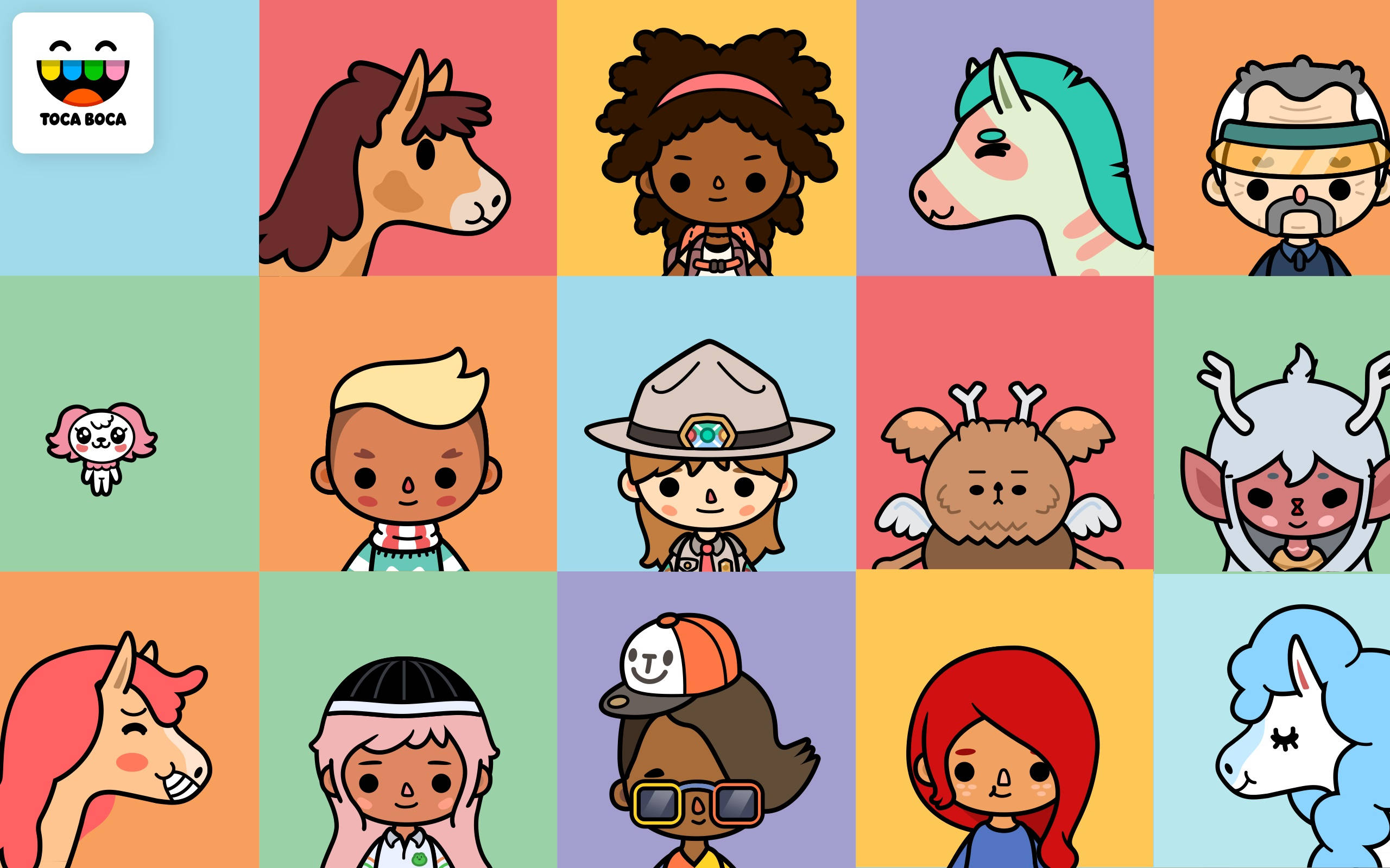 Toca 桌布 壁紙 — 一個由色彩繽紛的卡通角色組成的網格，包括人類和動物，有著多樣的髮型和配飾，背景為粉彩。