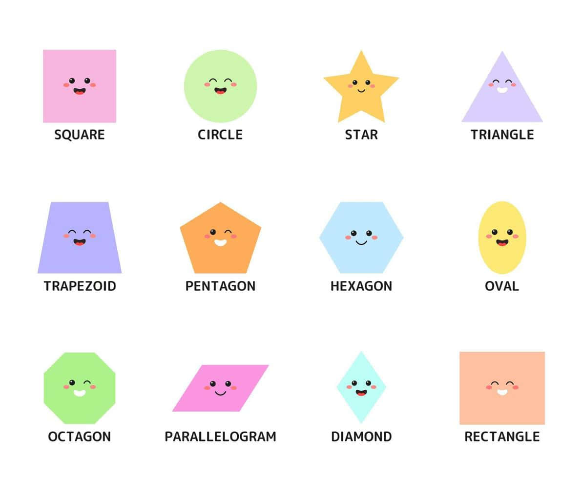 Shapes 桌布 壁紙 — 一個由色彩繽紛的幾何形狀組成的網格，帶有可愛的笑臉和標籤，背景為白色。