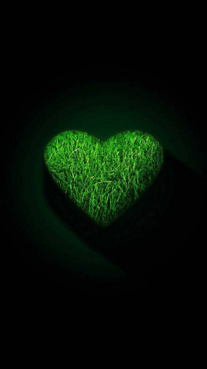 Green Heart 桌布 壁紙 — 一個由草製成的發光綠色心臟在深黑色背景上柔和地跳動。