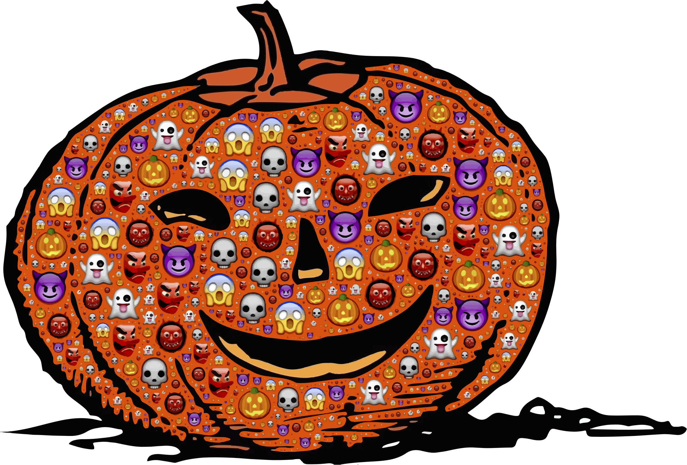 Pumpkin Halloween 桌布 壁紙 — 一個由萬聖節表情符號馬賽克組成的傑克南瓜燈臉孔，背景為黑色。