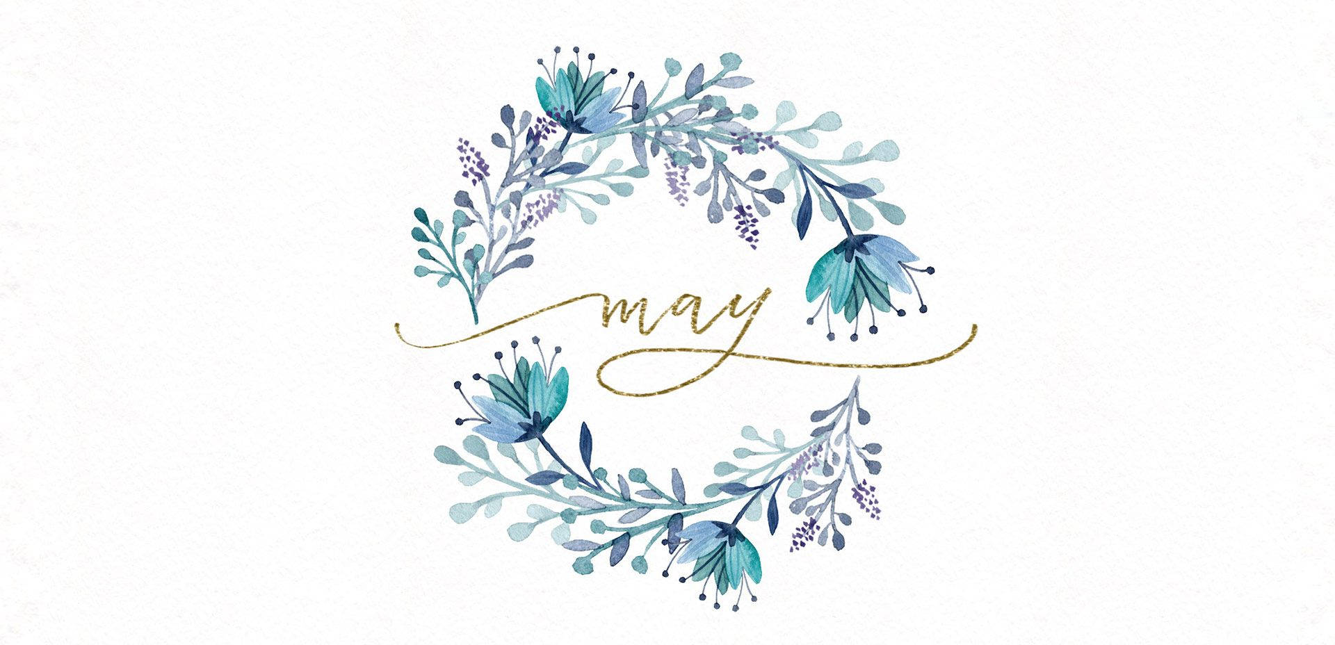 May 桌布 壁紙 — 一個由藍色和紫色葉子組成的精緻水彩花環，環繞著優雅金色草書的「may」字。