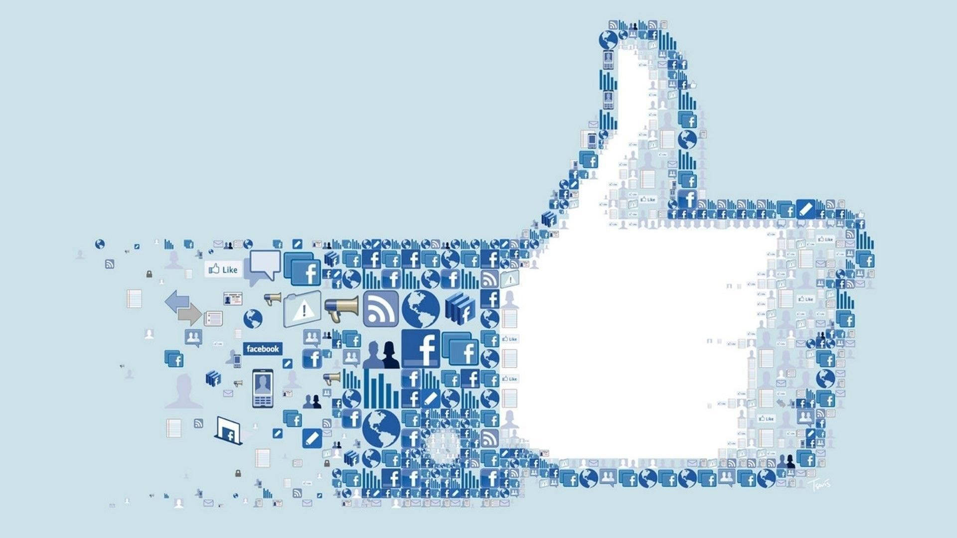 Facebook 桌布 壁紙 — 一個由藍色社交媒體圖標馬賽克組成的大拇指圖示，背景為淺藍色。