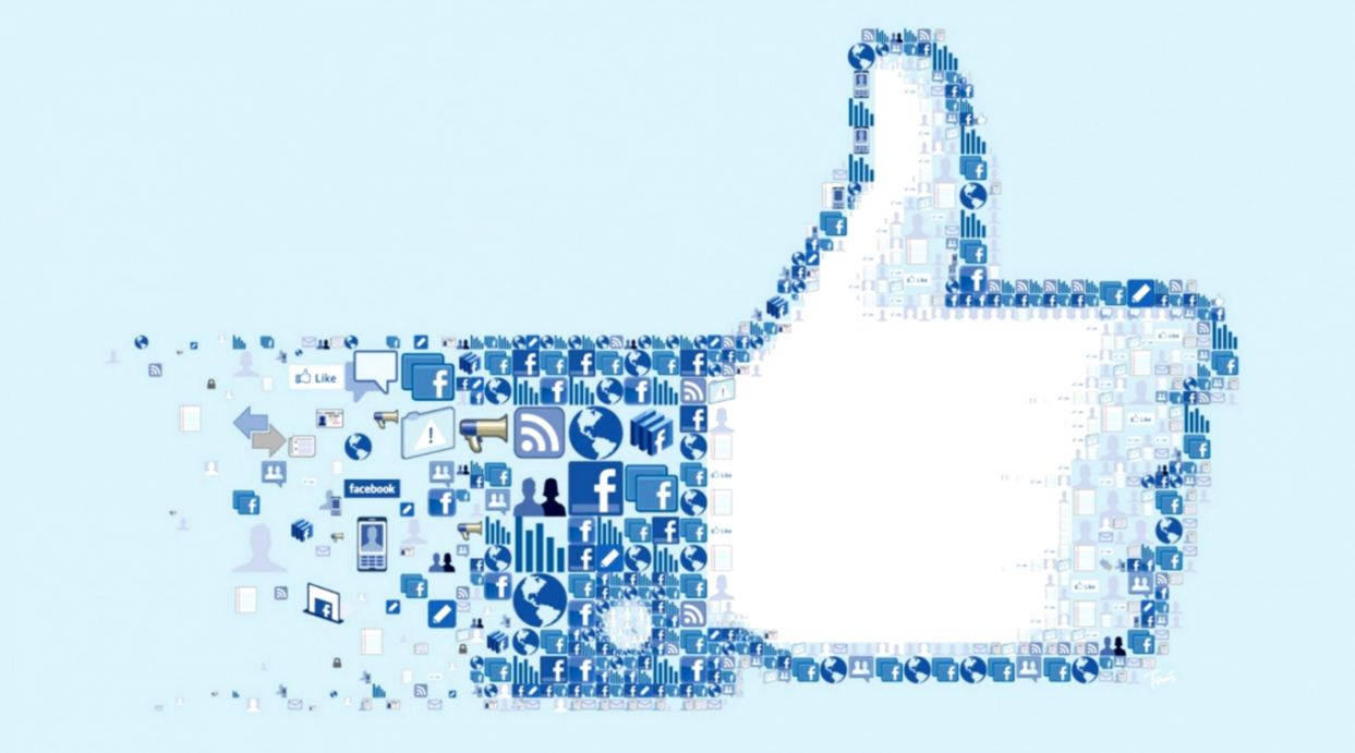 Facebook 桌布 壁紙 — 一個由藍色社交媒體圖標馬賽克組成的大拇指向上圖標，背景為淺藍色。