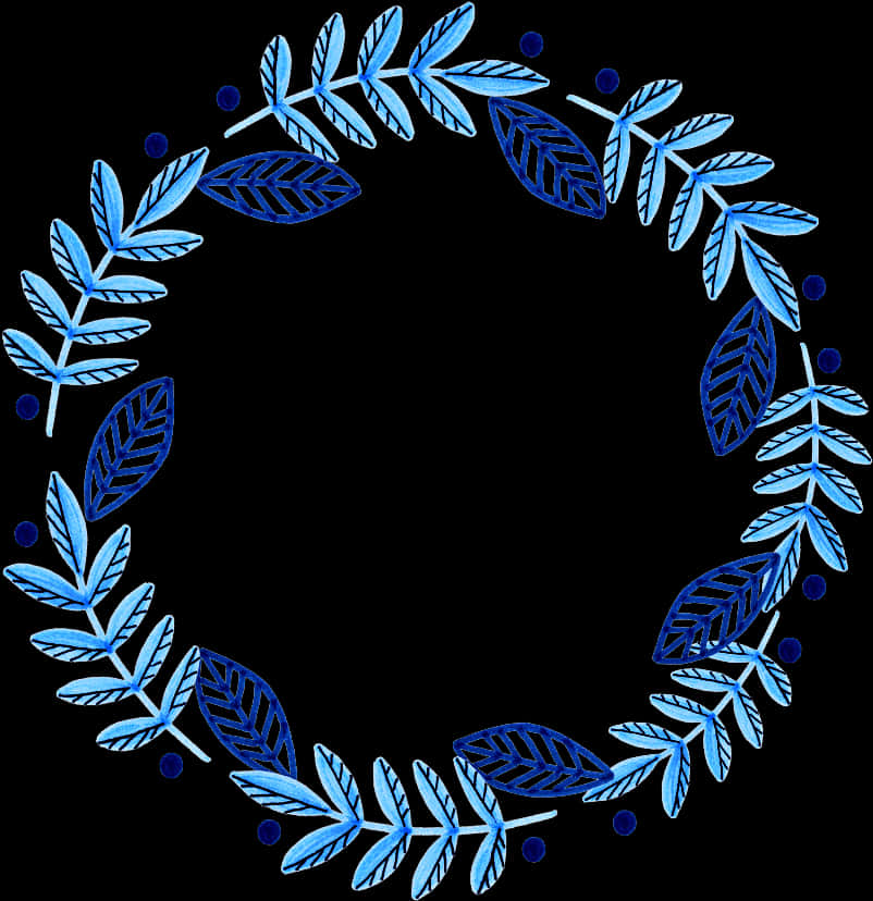 Circle Frame 桌布 壁紙 — 一個由藍色葉子和圓點組成的圓形花環，位於黑色背景上，帶有手繪紋理。