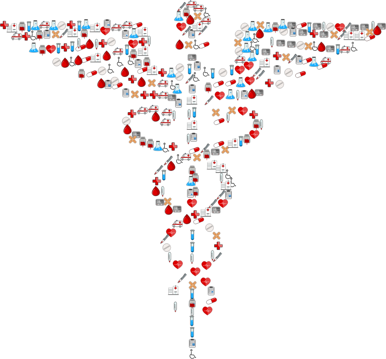 Medical 桌布 壁紙 — 一個由藥丸、心臟和注射器等醫療圖標組成的雙蛇杖符號，背景為黑色。