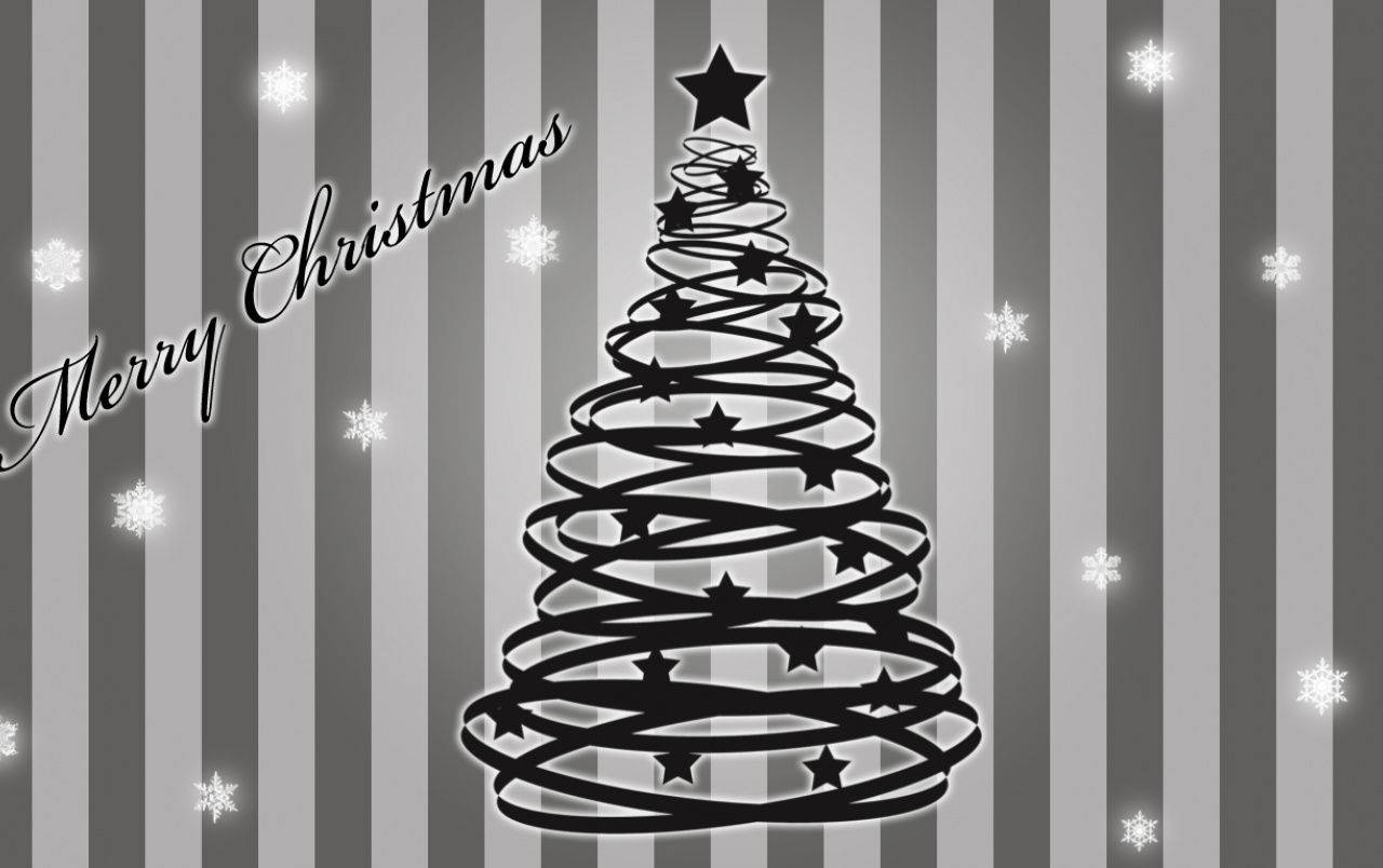 Gothic Christmas 桌布 壁紙 — 一個由螺旋線條和星星組成的時尚黑色聖誕樹，矗立在灰色條紋壁紙前，帶有發光的雪花和草書 'Merry Christmas' 文字。