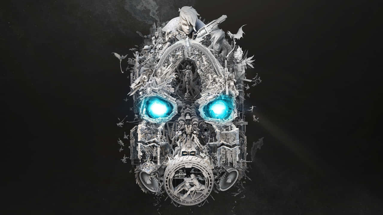 Mask 桌布 壁紙 — 一個由複雜機械零件和奇幻人物製成的巨大頭骨，在黑暗虛空中閃爍著藍色光芒的眼睛。