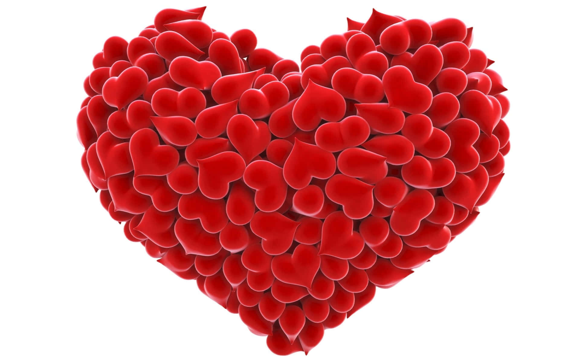 Aesthetic Heart 桌布 壁紙 — 一個由許多較小的光澤心形組成的鮮紅色心形，背景為純白色。