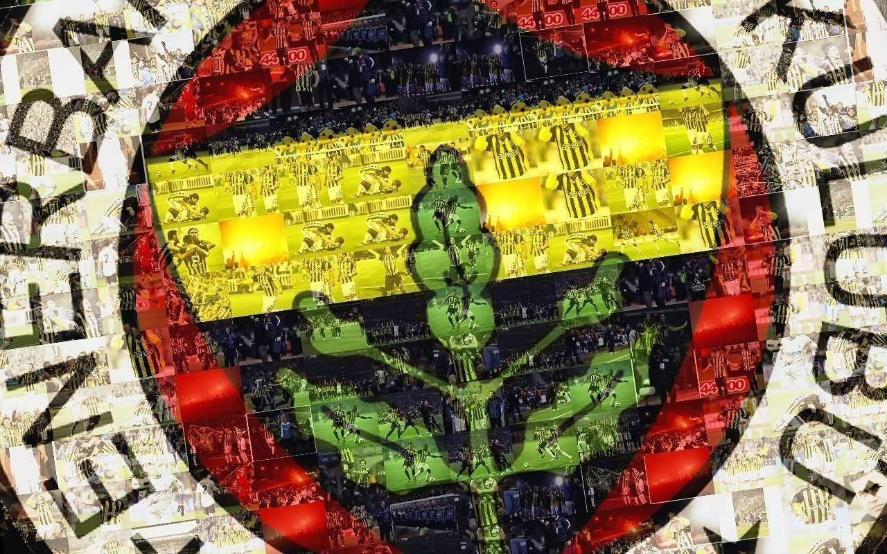 Fenerbahce 桌布 壁紙 — 一個由足球場場景組成的充滿活力的馬賽克，形成一個風格化的綠色和黃色徽章，周圍環繞著粗體黑色塗鴉文字。