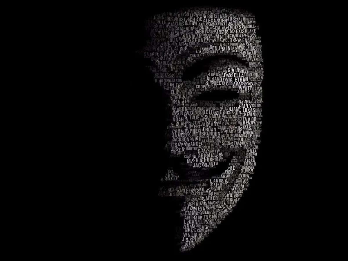 Mask Man 桌布 壁紙 — 一個由重疊的白色名字在黑色背景上形成的人類頭部剪影。