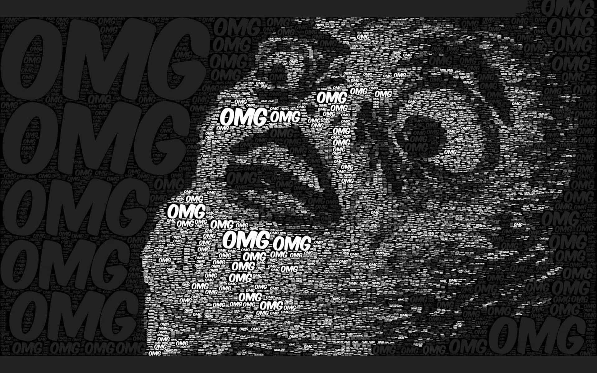 Troll Face 桌布 壁紙 — 一個由重複的「OMG」文字以不同大小和密度組成的單色驚訝面孔肖像。