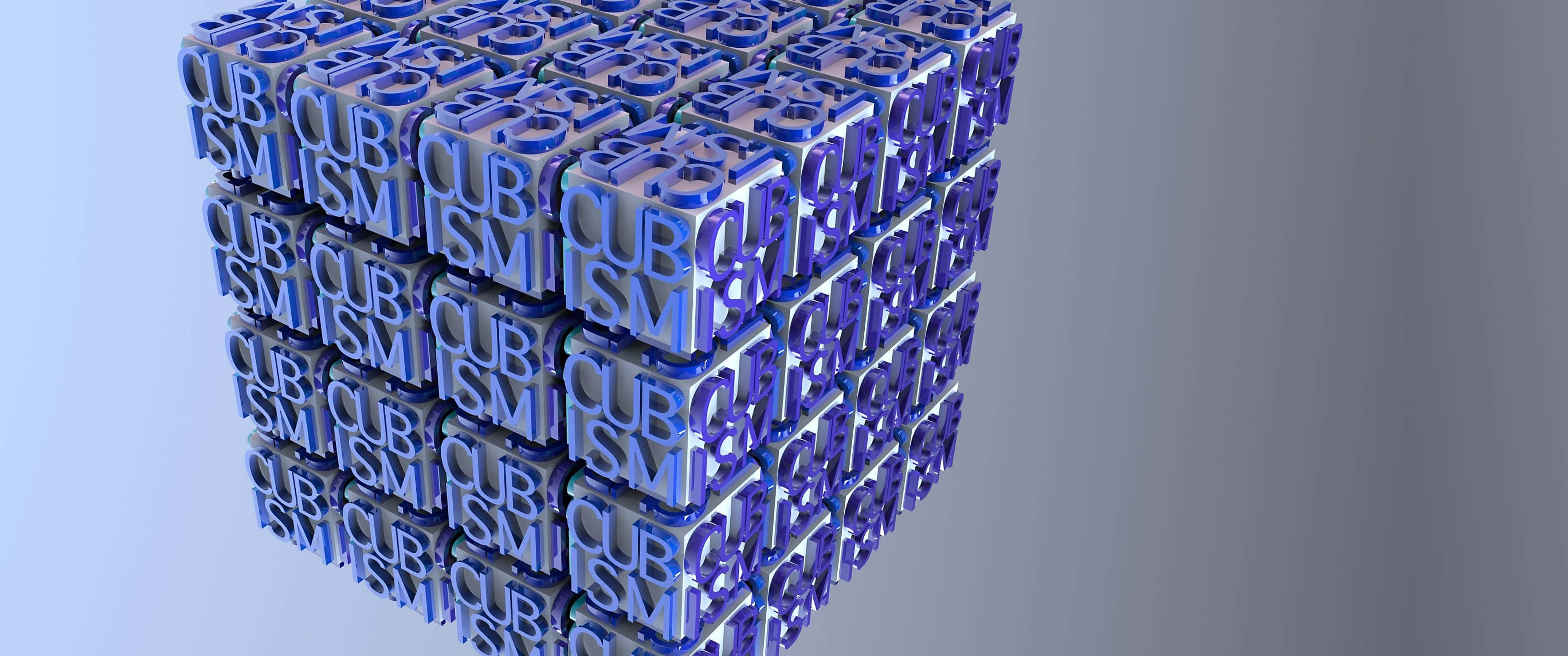 3440x1440 桌布 壁紙 — 一個由重複的藍色和銀色「CUBISM」字母方塊組成的3D渲染立方體，背景為漸變灰色。
