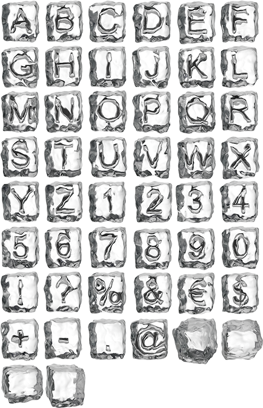 Ice Cube 桌布 壁紙 — 一個由金屬質感方形瓷磚組成的網格，每塊瓷磚上都刻有字母、數字和符號，背景為黑色。