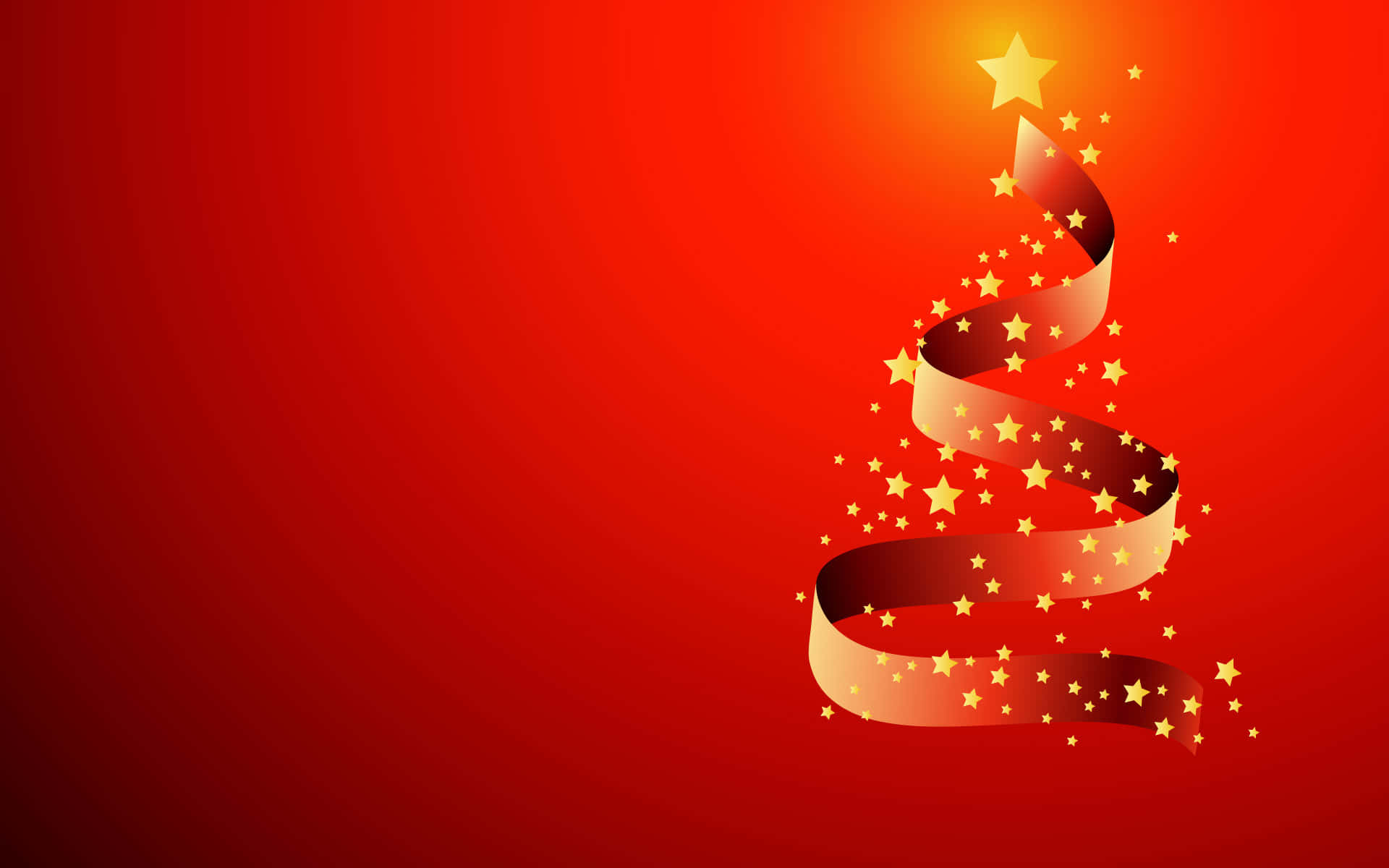 Red Aesthetic Christmas 桌布 壁紙 — 一個由金色絲帶裝飾星星組成的風格化聖誕樹，背景為鮮豔的紅色漸層。