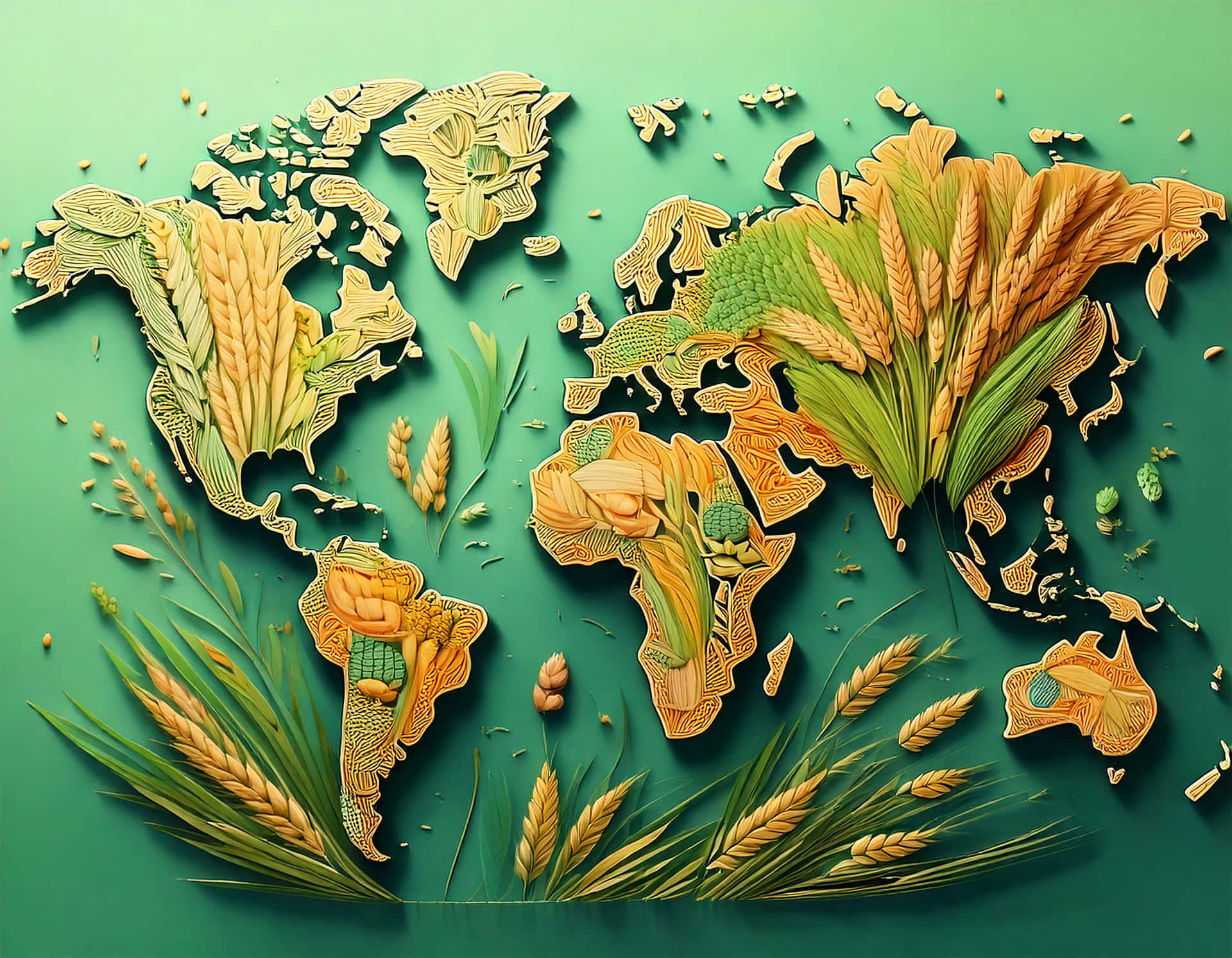 World Map 壁紙 — 一個由金色麥稈和綠葉製成的3D世界地圖，背景為青綠色。