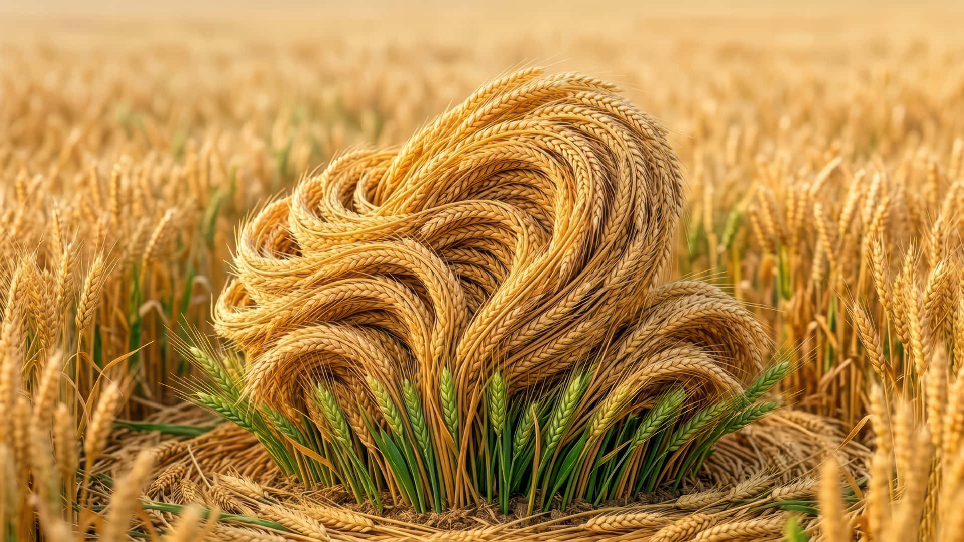 Wheat Bloom IImodded wallpaper for desktop Enhancement, 壁紙 — 一個由金色麥稈組成的螺旋心形從田野中升起，底部有綠色嫩芽。