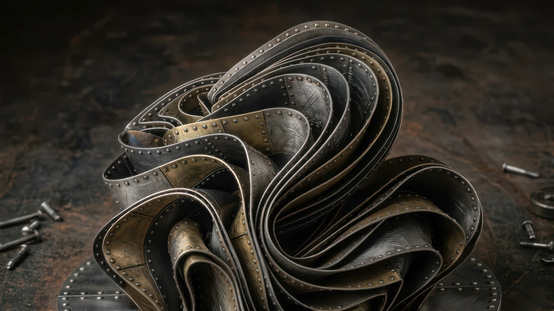 Iron Metal assembluùy bloom modded wallpaper for desktop Enhancement 壁紙 — 一個由鉚接金屬條組成的漩渦狀層疊雕塑，放置在一個帶有散落螺栓的深色紋理表面上。