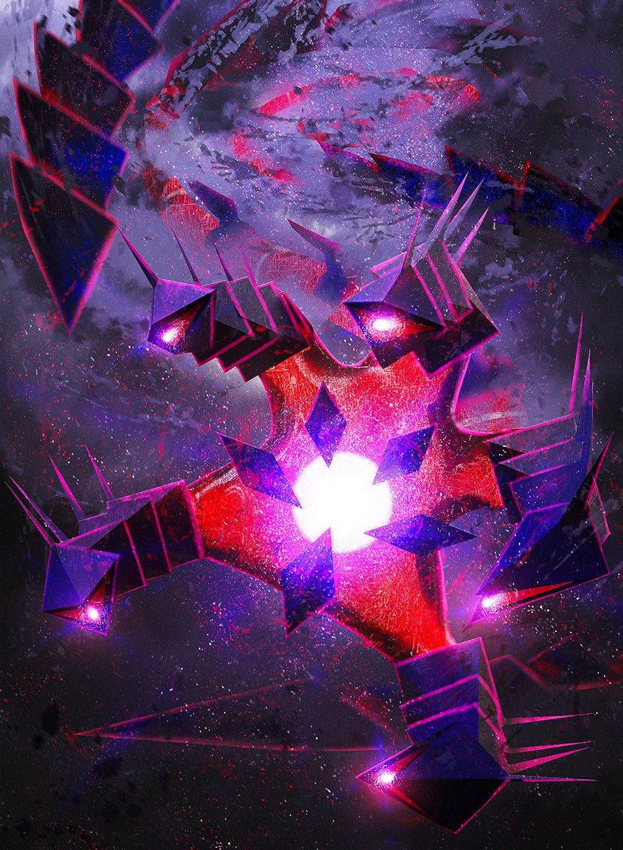 寶可夢 桌布 壁紙 — 一個由鋸齒狀紫色和紅色水晶碎片組成的宇宙實體，在繁星點點的星雲背景下散發出明亮的白光。