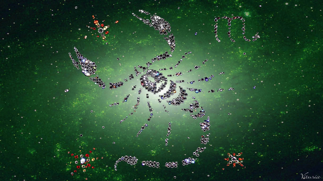 Scorpio 桌布 壁紙 — 一個由閃爍寶石組成的閃亮巨蟹座星座，漂浮在充滿活力的綠色星空中，散落著色彩繽紛的寶石簇。