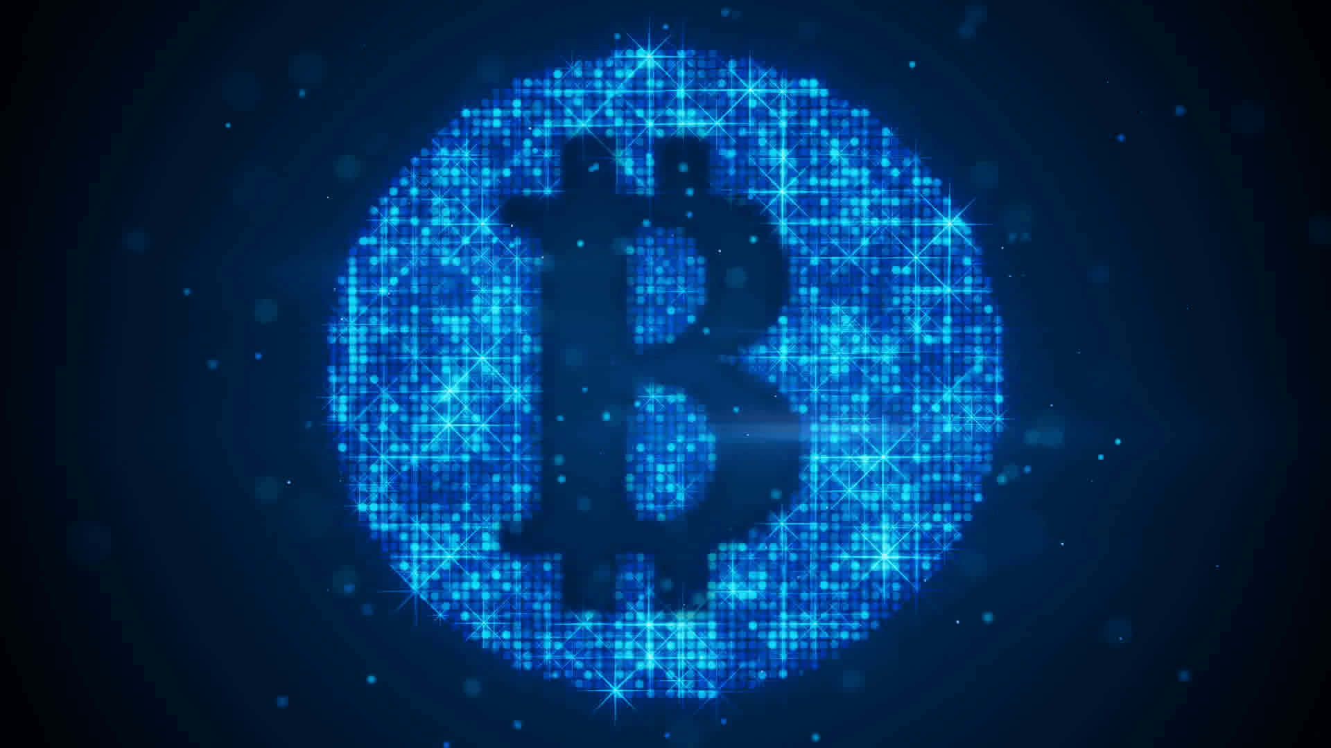 4K Bitcoin 桌布 壁紙 — 一個由閃爍數位像素組成的發光藍色比特幣符號，在黑暗背景下散發光芒。