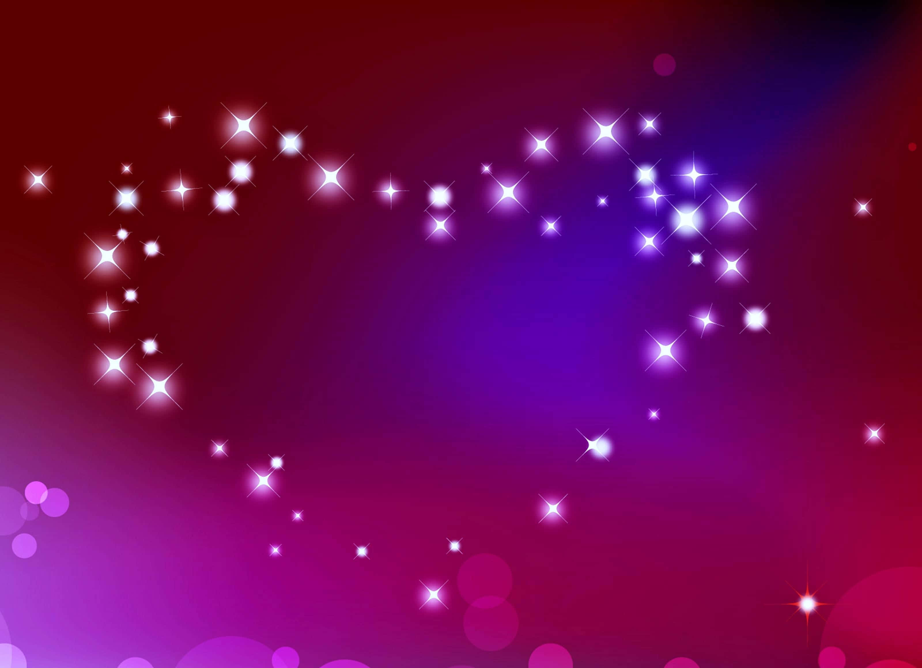 Glitter Pink Hearts 桌布 壁紙 — 一個由閃爍星星組成的發光心形，背景是深紅和紫色的漸變，帶有柔和散景燈光。